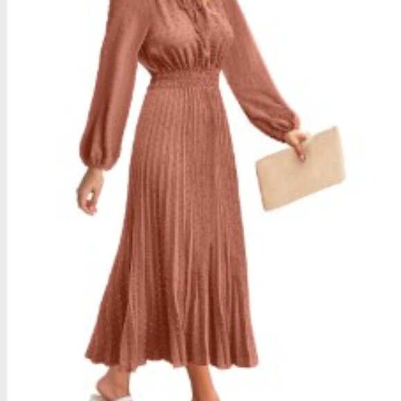 MEROKEETY Long Sleeve Tie V Neck Swiss Dot Pleated Maxi Dress - Picture 2 of 2